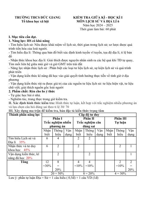 Đề thi Giữa kì 1 Lịch sử và Địa lí 6 năm 2024-2025 trường THCS Đức Giang (Hà Nội)